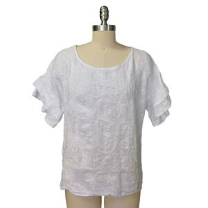 Valentina Naldi White Linen Top Size S Flutter Ruffle Sleeve Embroidered Italy